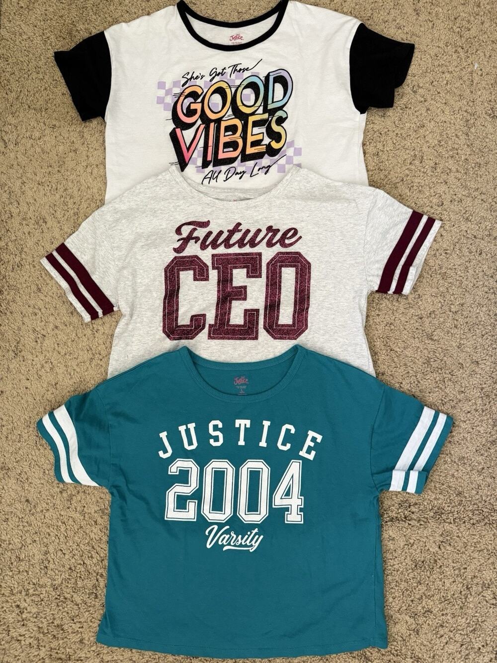Lot Of 3 Justice Glitter Future CEO Good Vibes Boxy T Shirt Tops Size L 12/14